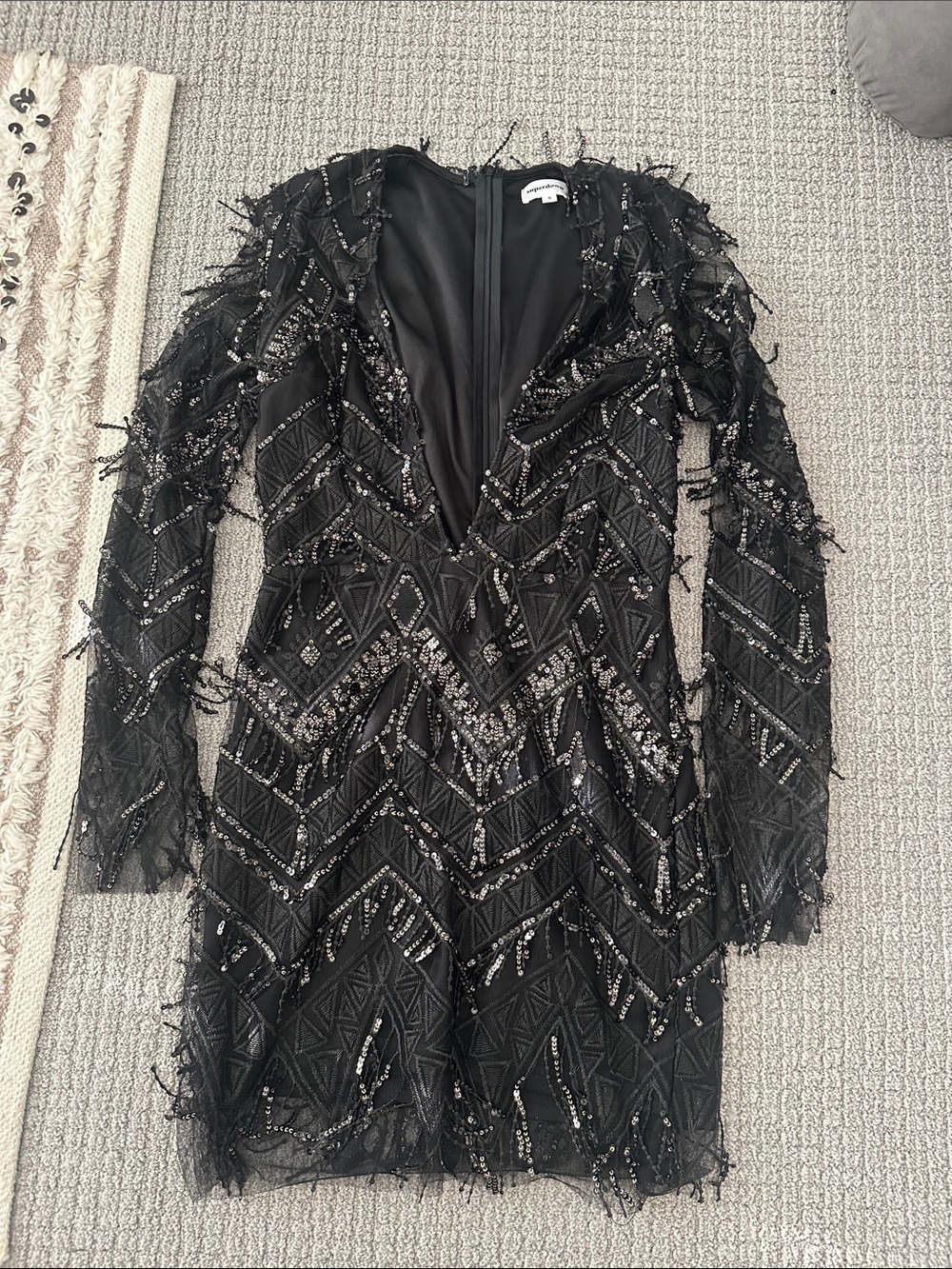 Super down Black Beaded Fringe plunge V-Neck Mini Dress